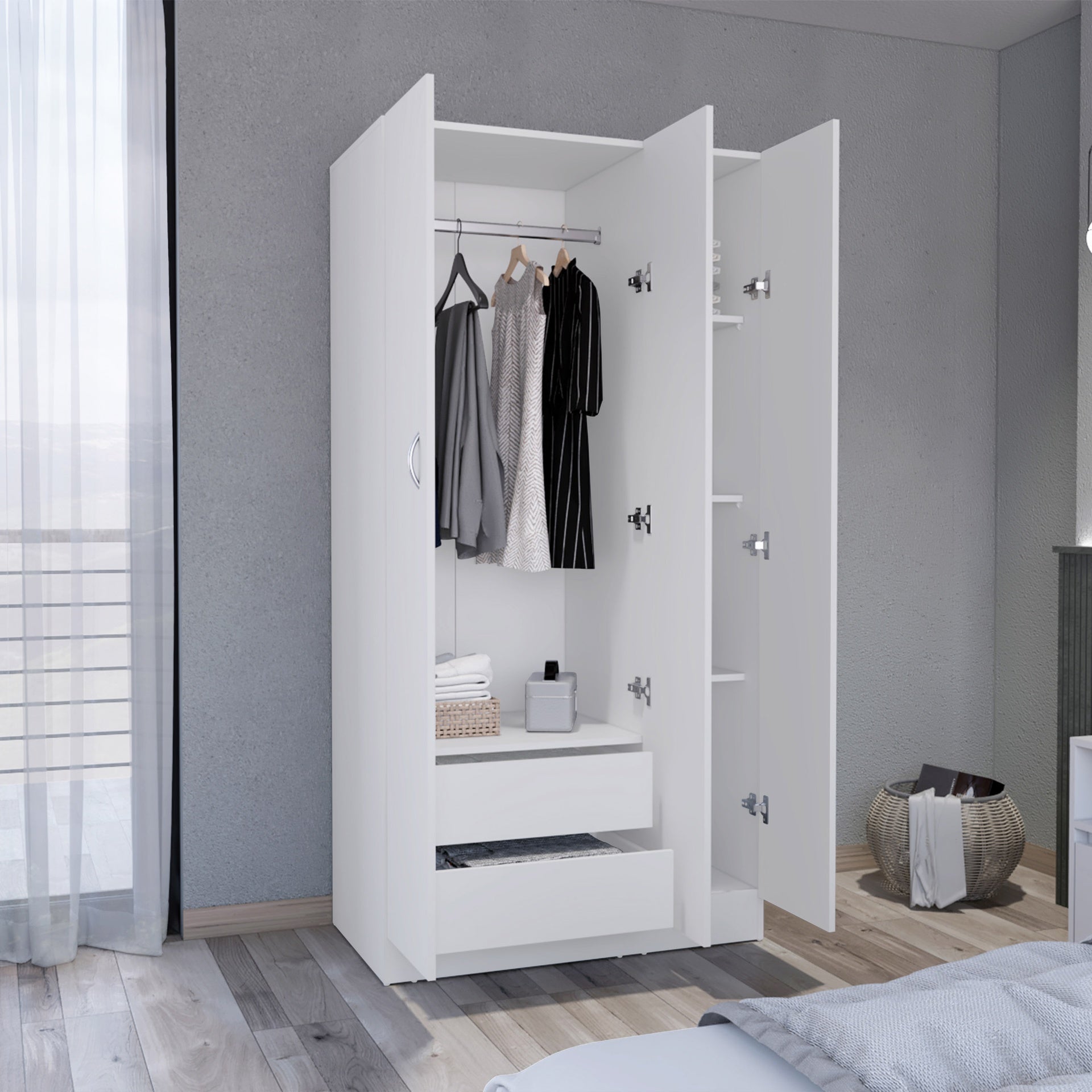 Wardrobe Armoire 71H" with 3-Doors and 2-Inner Drawers, 3 Doors, White