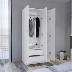 Wardrobe Armoire 71H" with 3-Doors and 2-Inner Drawers, 3 Doors, White
