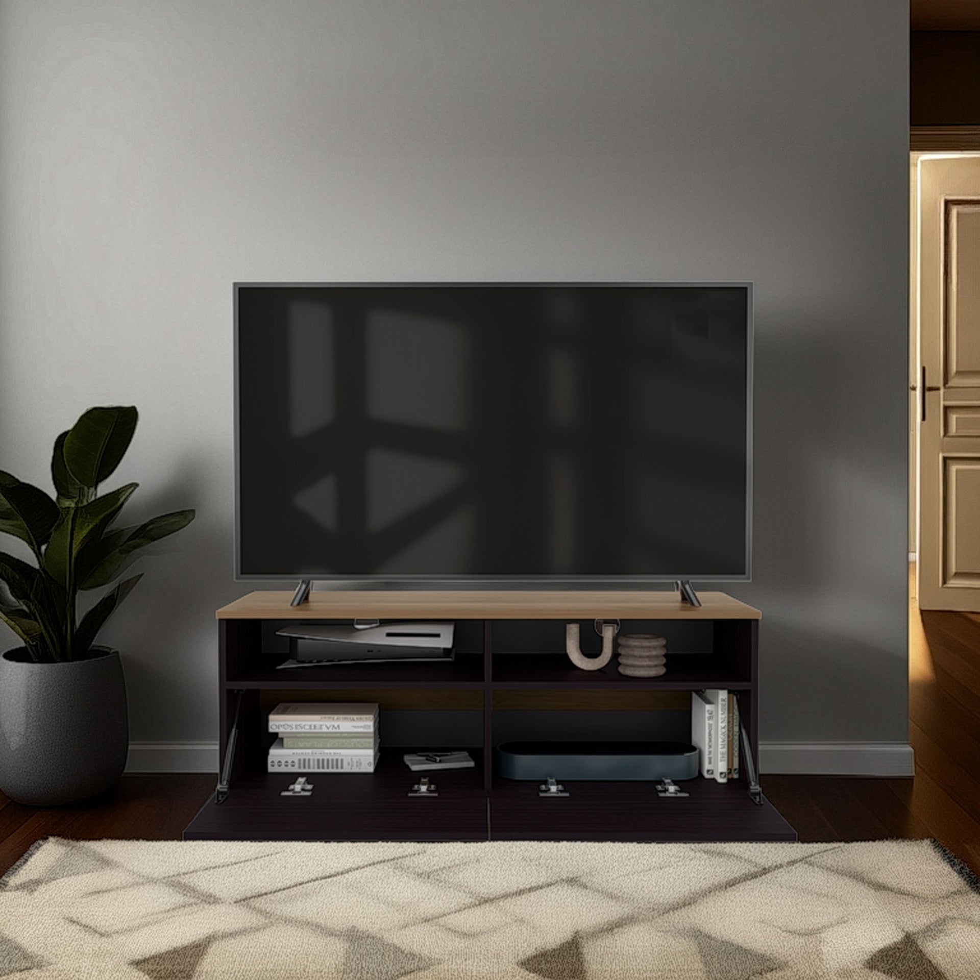 TV Stand, 2 Doors, 2 Shelves, Chesnut / Light Brown