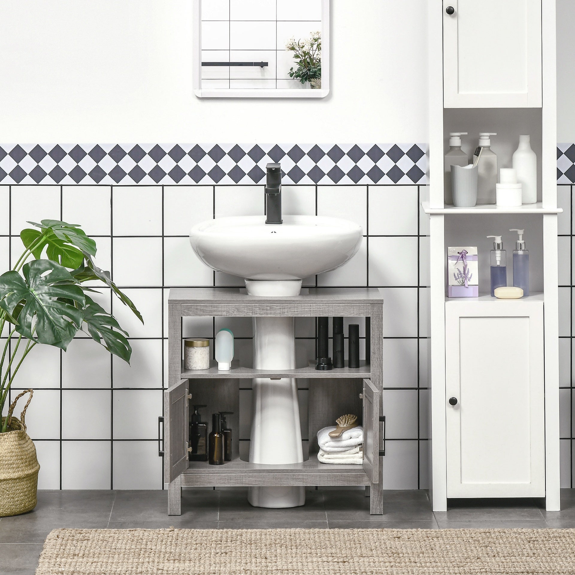 kleankin Pedestal Sink Storage Cabinet, Bathroom Under Sink Cabinet with 2 Doors and Open Shelf, Bathroom Vanity, Gray