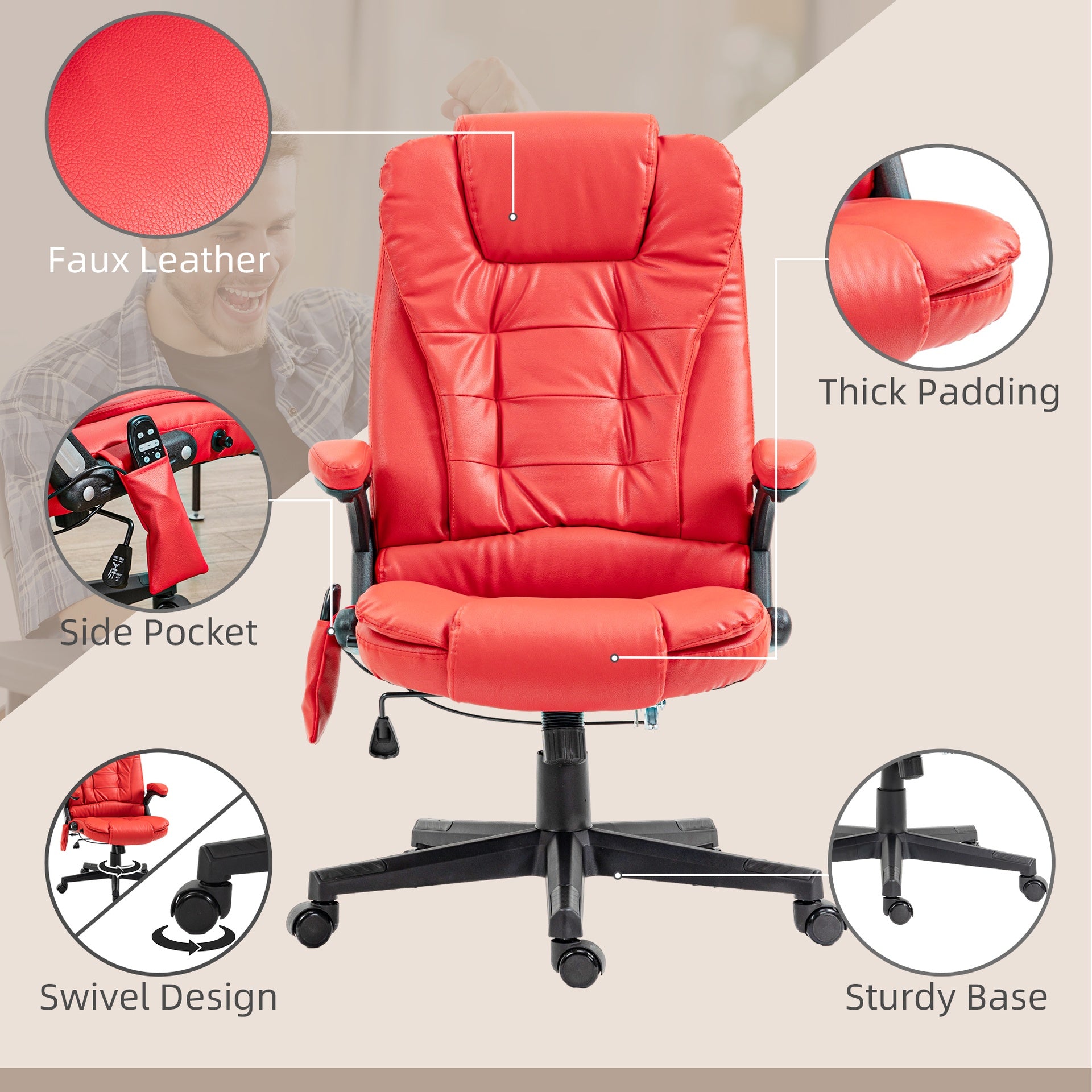 HOMCOM High Back Vibration Massage Office Chair with 6 Vibration Points, Heated Reclining PU Leather Computer Chair with Armrest and Remote, Red