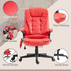HOMCOM High Back Vibration Massage Office Chair with 6 Vibration Points, Heated Reclining PU Leather Computer Chair with Armrest and Remote, Red