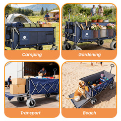 67in Extra long large Heavy Duty Utility Beach Wagons with Opened Tailgate and All-Terrain Wheels, 500lbs Capacity, Patented Ultra-Stable Frame, No Assembly Needed, Dark Blue+Gray