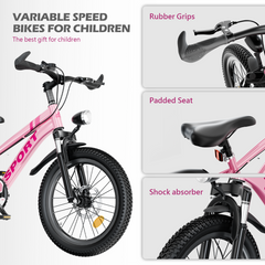 FKZNPJ 24 Inch Kids Mountain Bike for Boys & Girls Ages 7-12 – 7-Speed Gears, Dual Disc Brakes, Shock Absorber Front Fork, LED Light – Silver & Pink