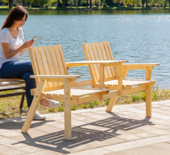 Bench with Table Set Patio Bench, Garden Bench with Middle Table and Umbrella Hole