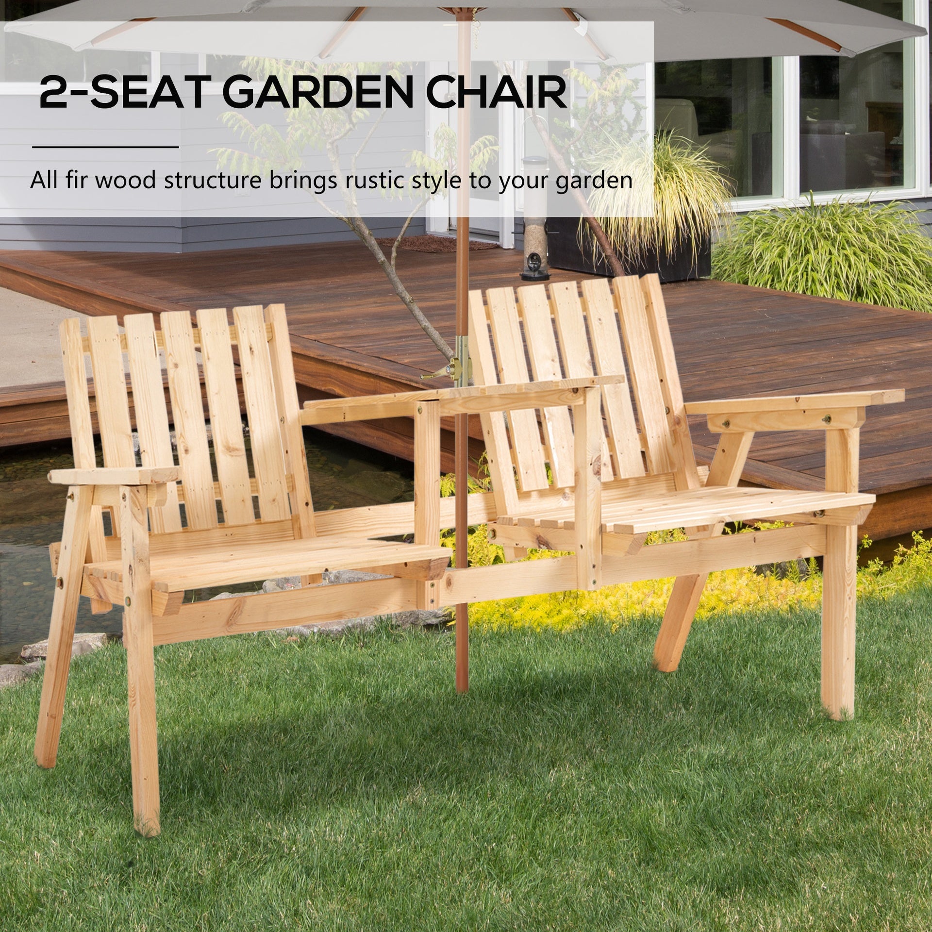 Bench with Table Set Patio Bench, Garden Bench with Middle Table and Umbrella Hole