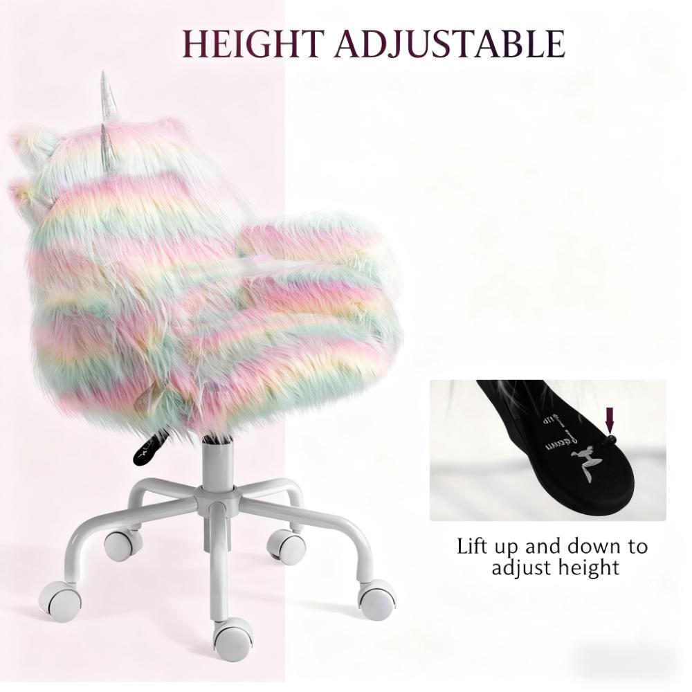 Rainbow Fuzzy Unicorn Office Chair, Plush Desk Chair with Swivel Base, Whimsical & Cozy for Playroom & Office