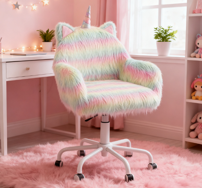 Rainbow Fuzzy Unicorn Office Chair, Plush Desk Chair with Swivel Base, Whimsical & Cozy for Playroom & Office