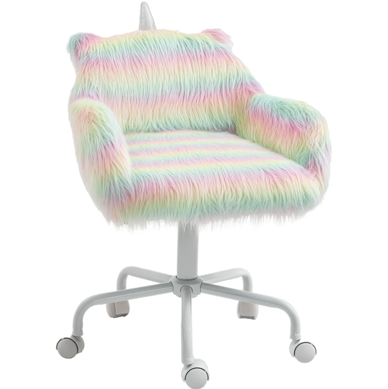 Rainbow Fuzzy Unicorn Office Chair, Plush Desk Chair with Swivel Base, Whimsical & Cozy for Playroom & Office