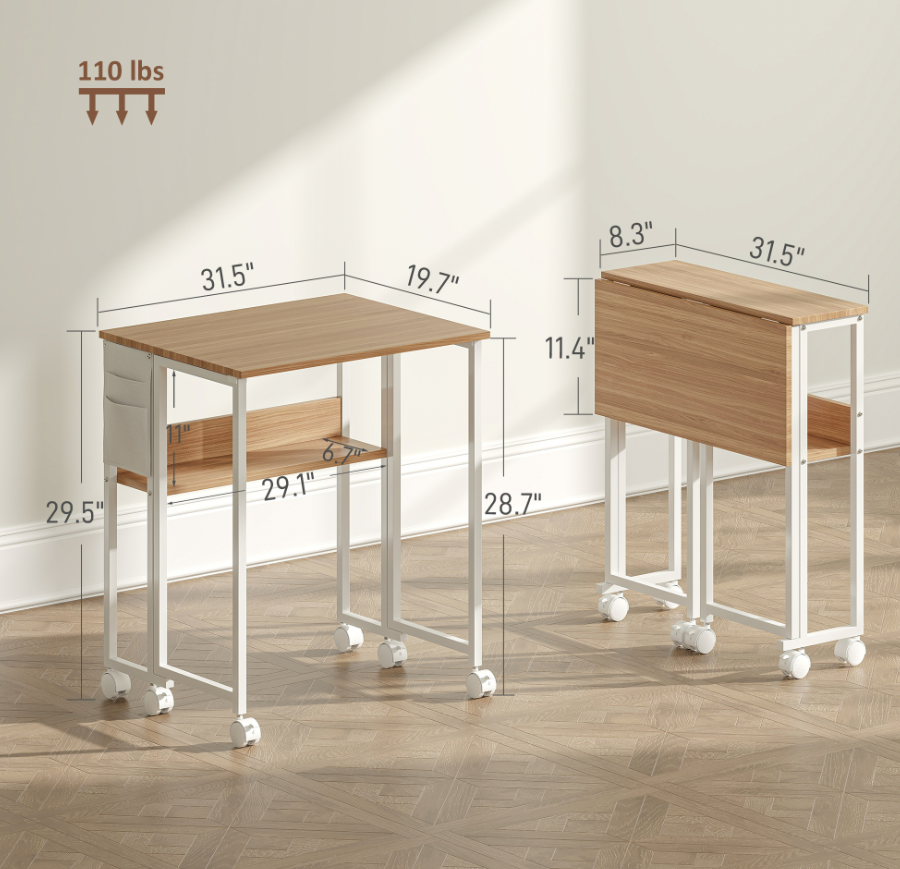 Foldable Desk with Storage Bag,Shelf and Wheels for Small Spaces,Home  Office