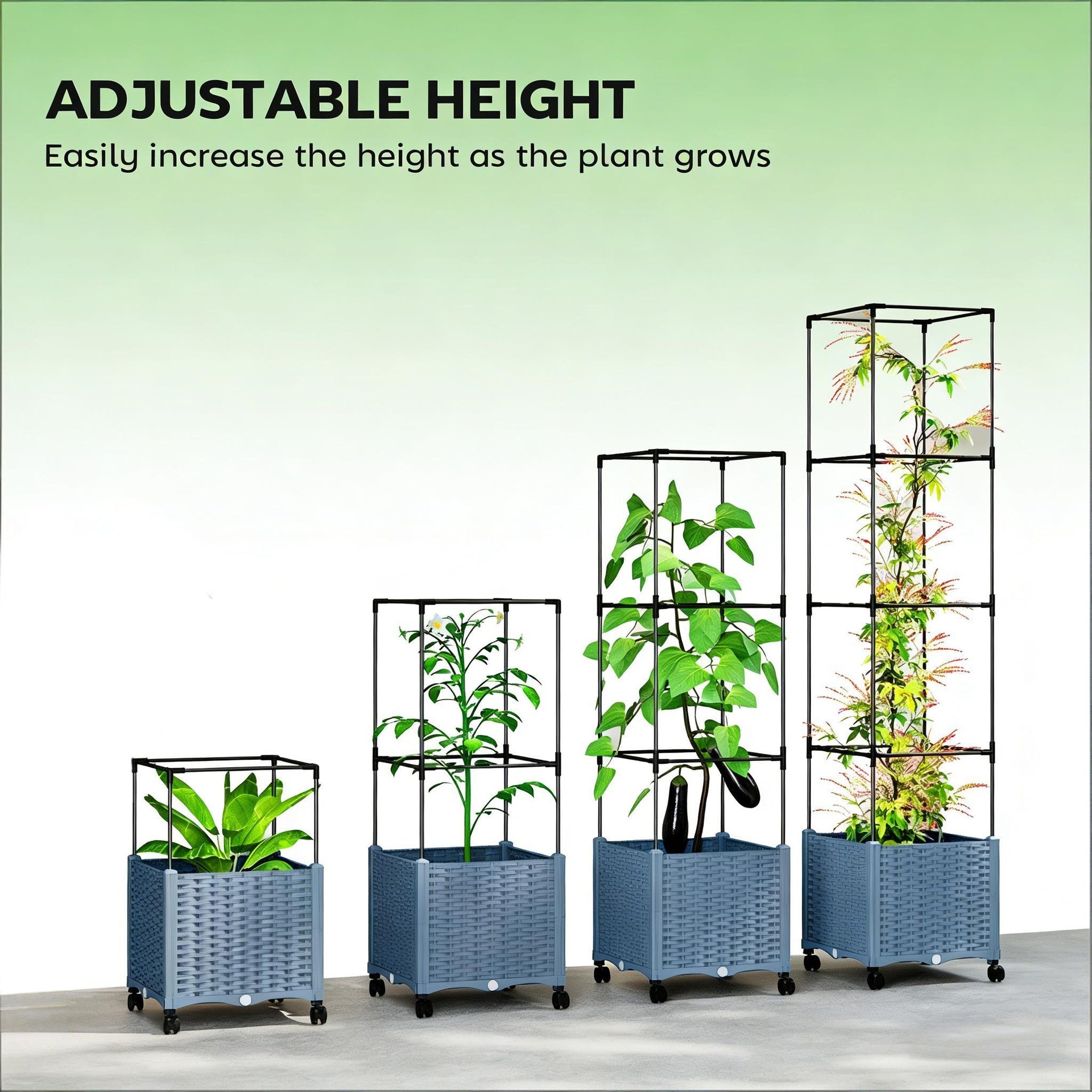 Mobile Raised Garden Bed,Adjustable Height Trellis Plant Cage