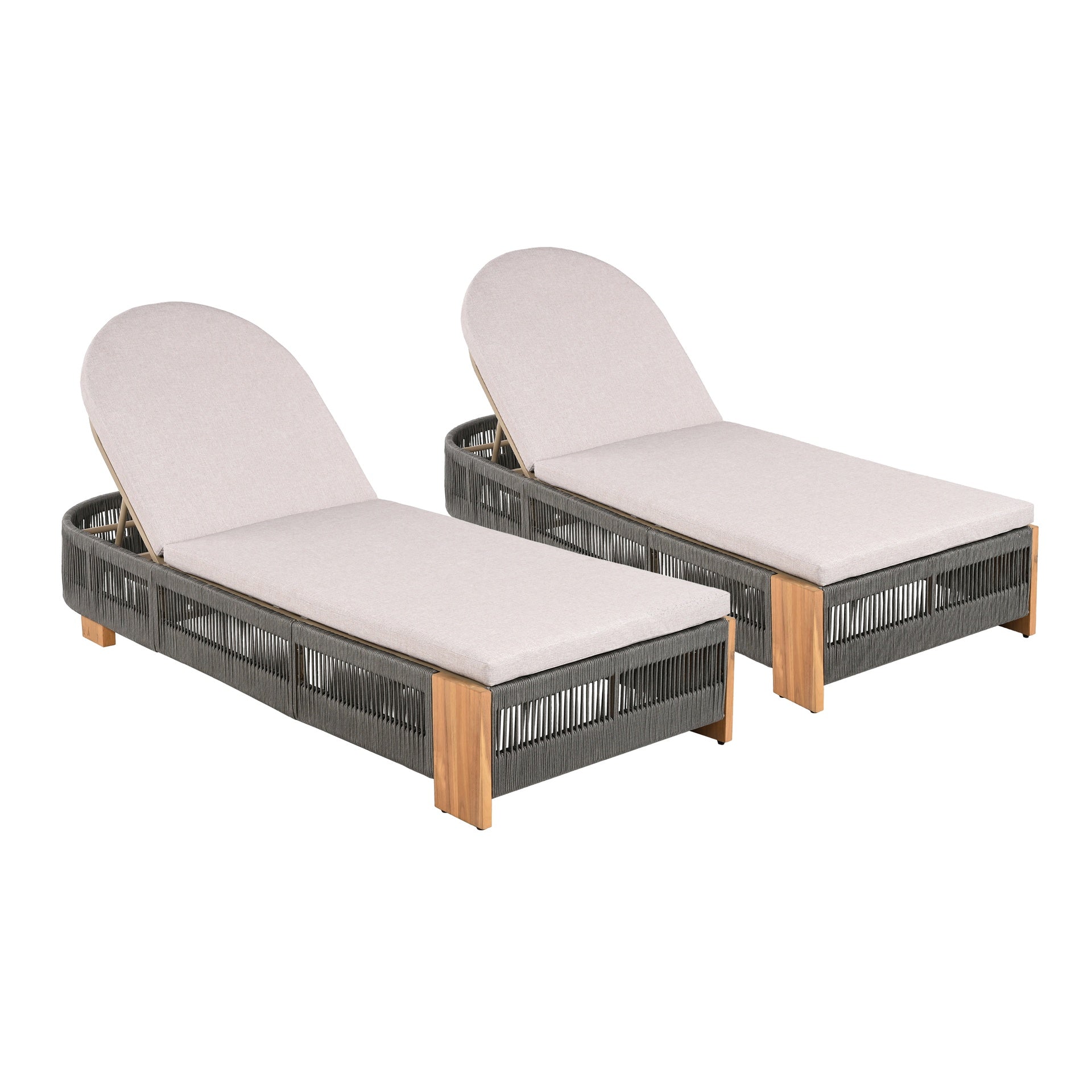 Outdoor Chaise Lounge Chair, Acacia wood Pool Chair with Adjustable Backrest and Cushion, Outdoor Lounge Chair for Beach, Yard, or Poolside (Grey rope)