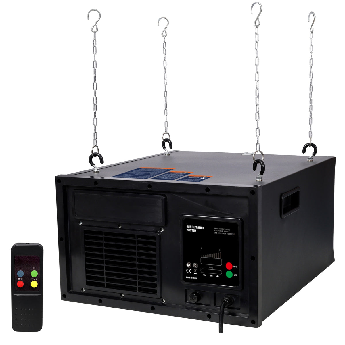 Remote-Controlled Air Filtration System,10 Positions Adjust,120V 60Hz,Airflow Speed: 250～510 cfm,Black color