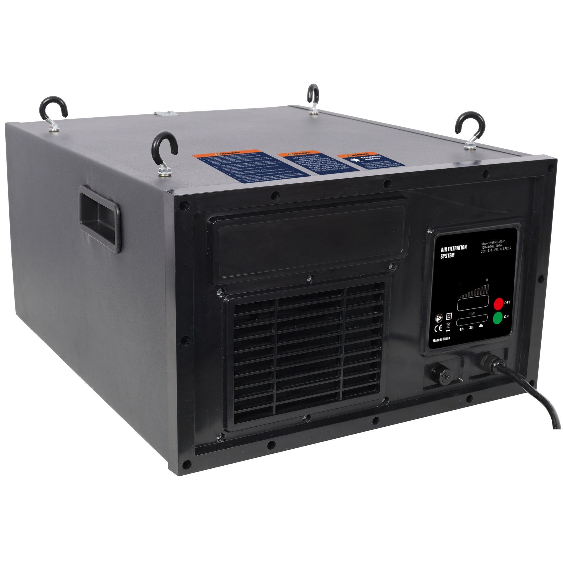 Remote-Controlled Air Filtration System,10 Positions Adjust,120V 60Hz,Airflow Speed: 250～510 cfm,Black color