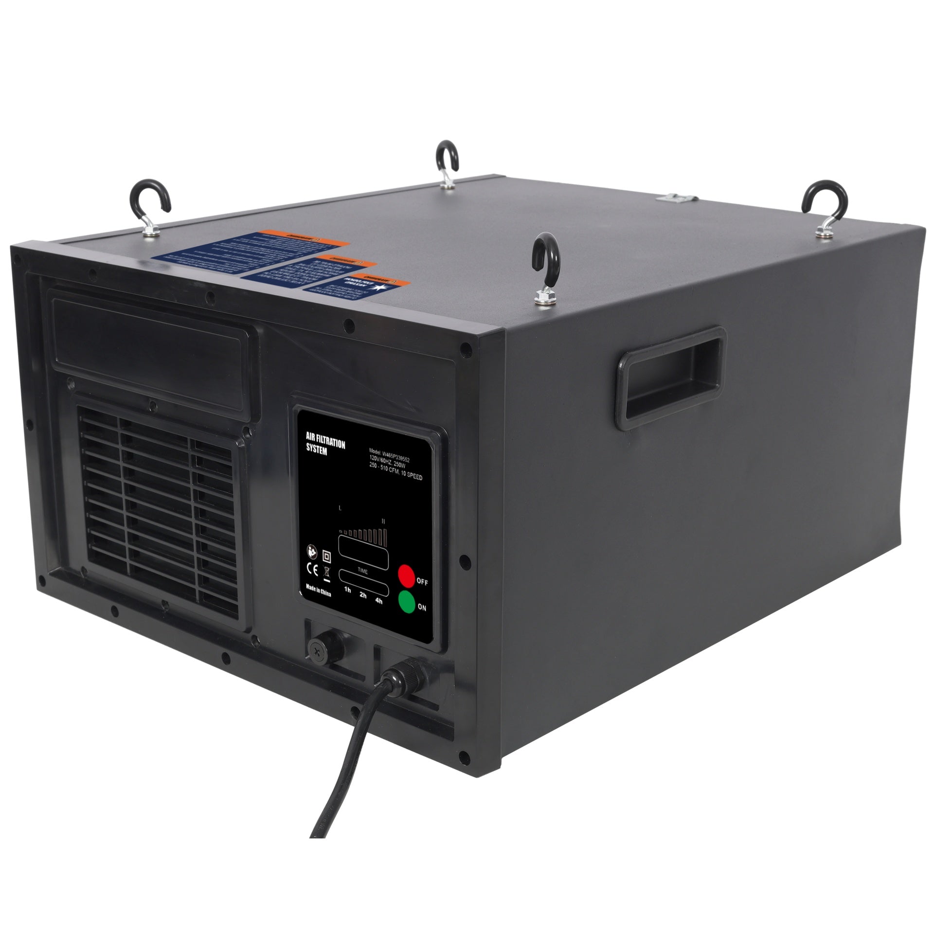 Remote-Controlled Air Filtration System,10 Positions Adjust,120V 60Hz,Airflow Speed: 250～510 cfm,Black color