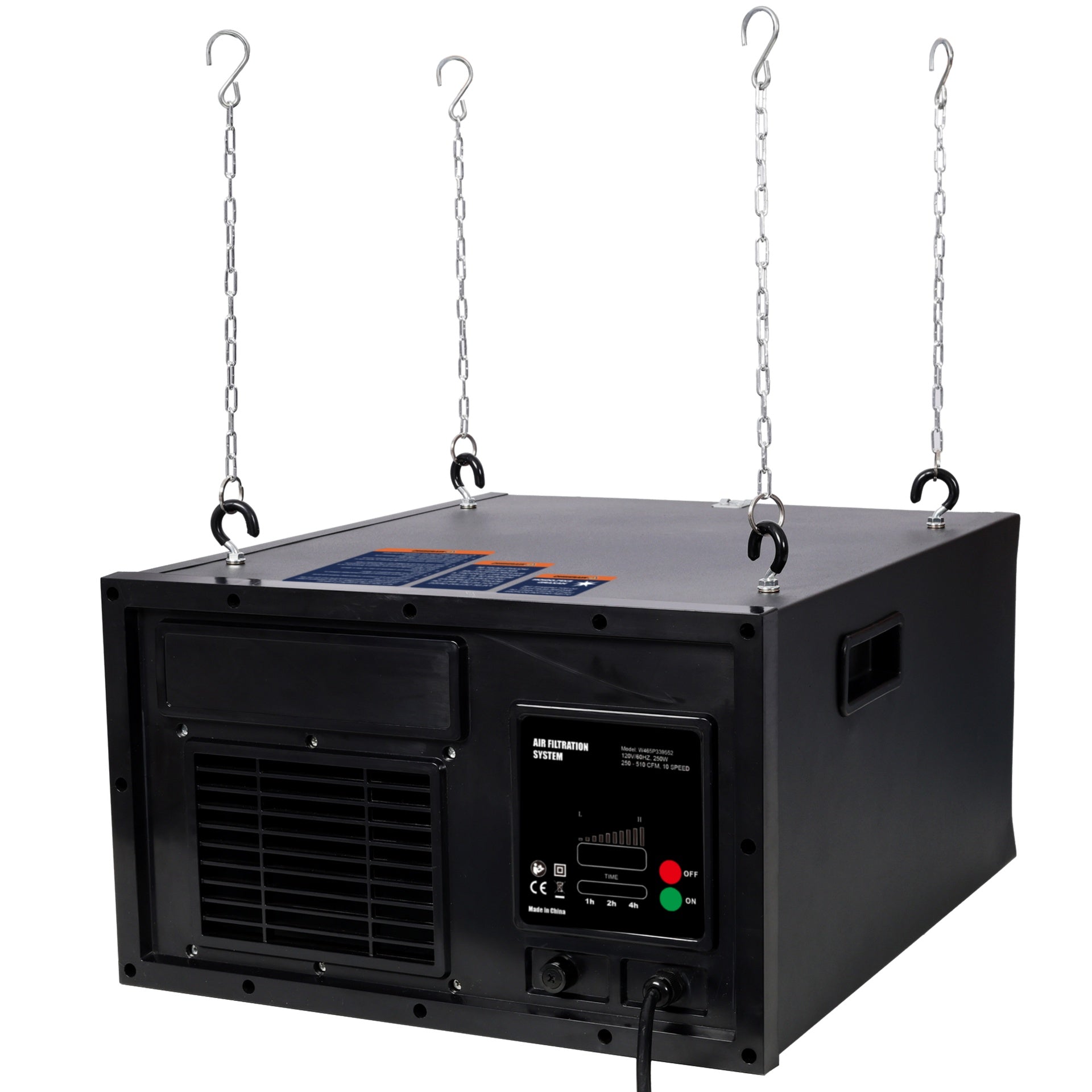 Remote-Controlled Air Filtration System,10 Positions Adjust,120V 60Hz,Airflow Speed: 250～510 cfm,Black color