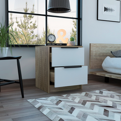 Modern Nightstand 19" H, Two Drawers, White / Light Oak