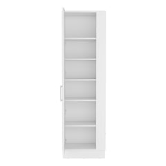 Storage Cabinet 72"H, Six Internal Shelves, One Door, Three Broom Hangers, White