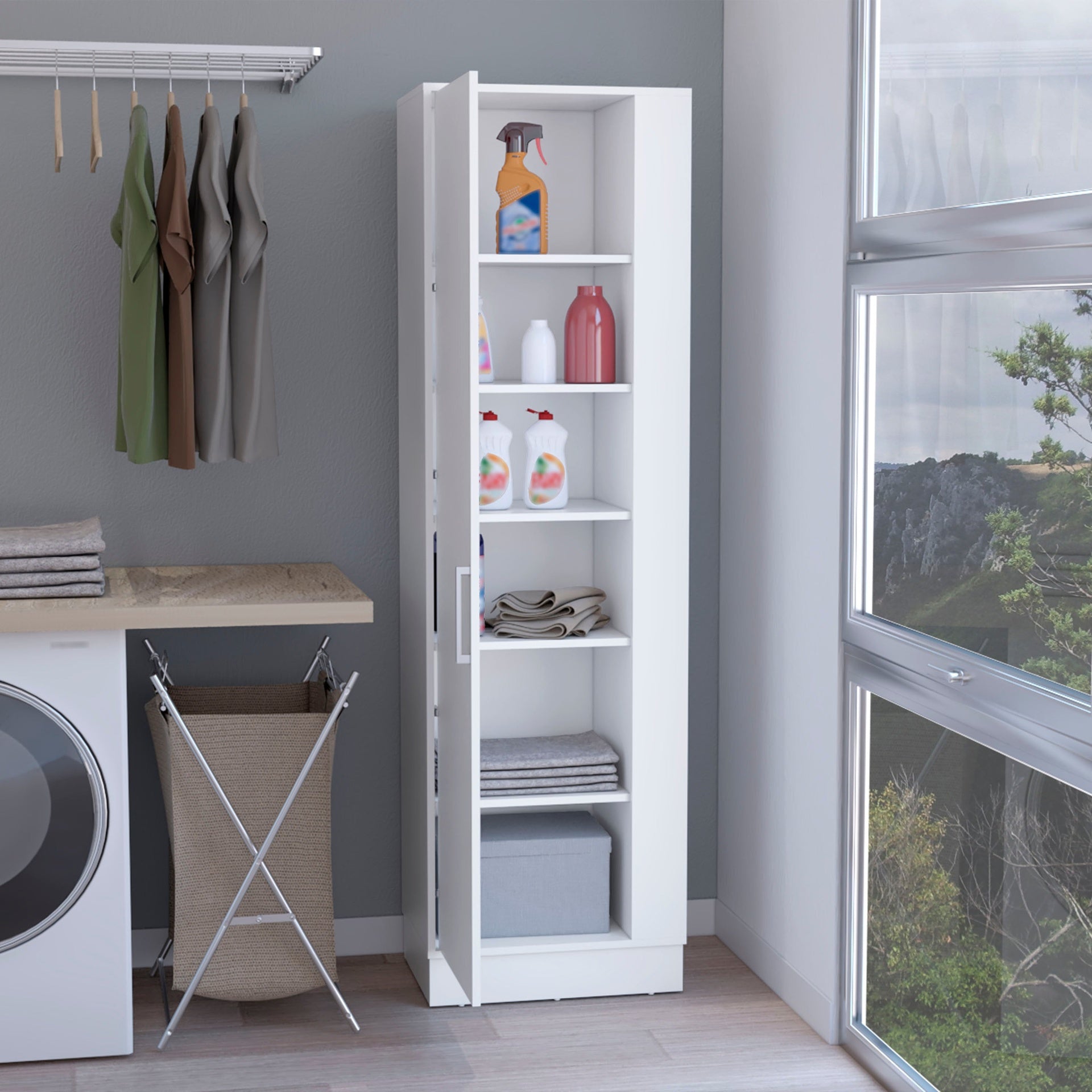 Storage Cabinet 72"H, Six Internal Shelves, One Door, Three Broom Hangers, White