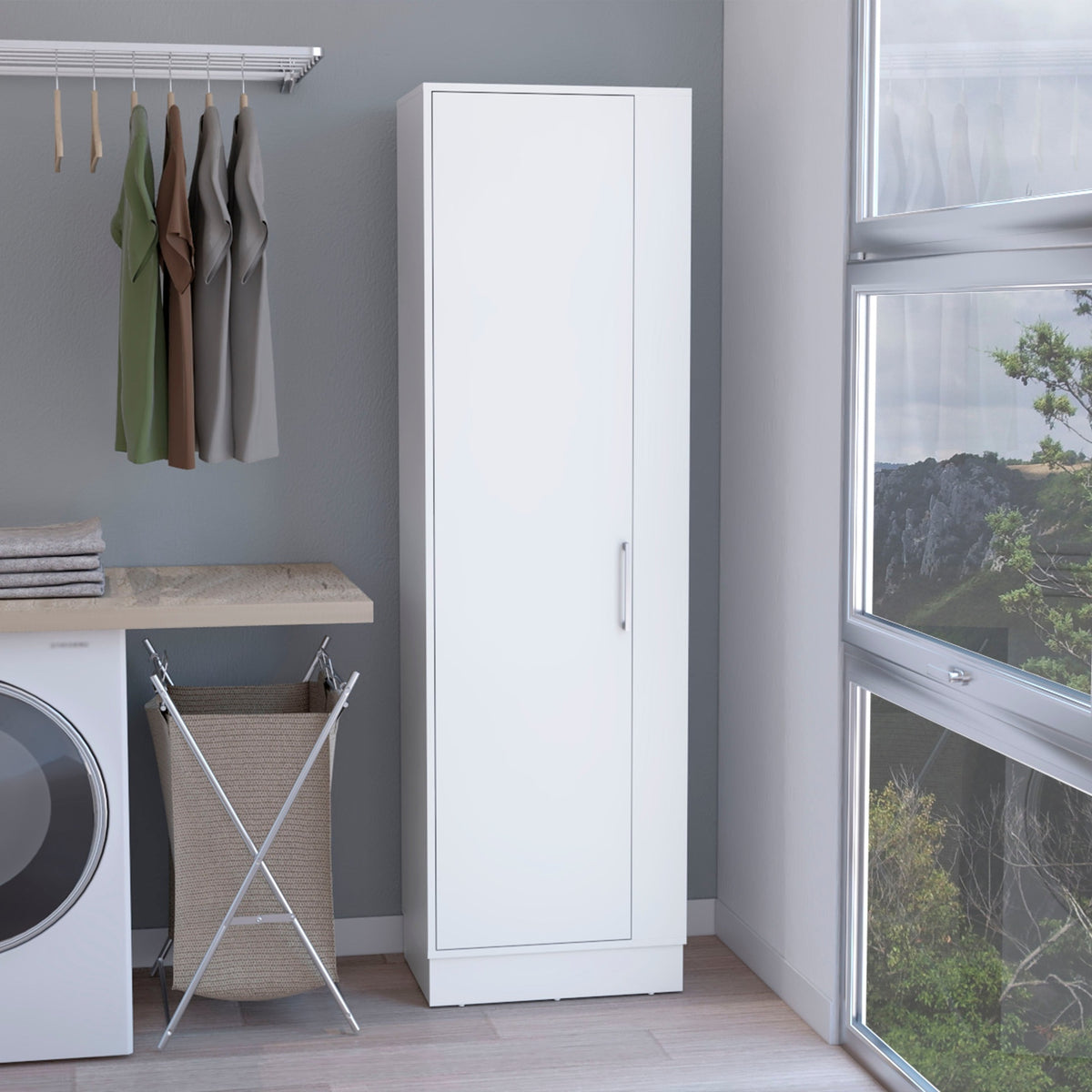 Storage Cabinet 72"H, Six Internal Shelves, One Door, Three Broom Hangers, White