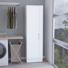 Storage Cabinet 72"H, Six Internal Shelves, One Door, Three Broom Hangers, White
