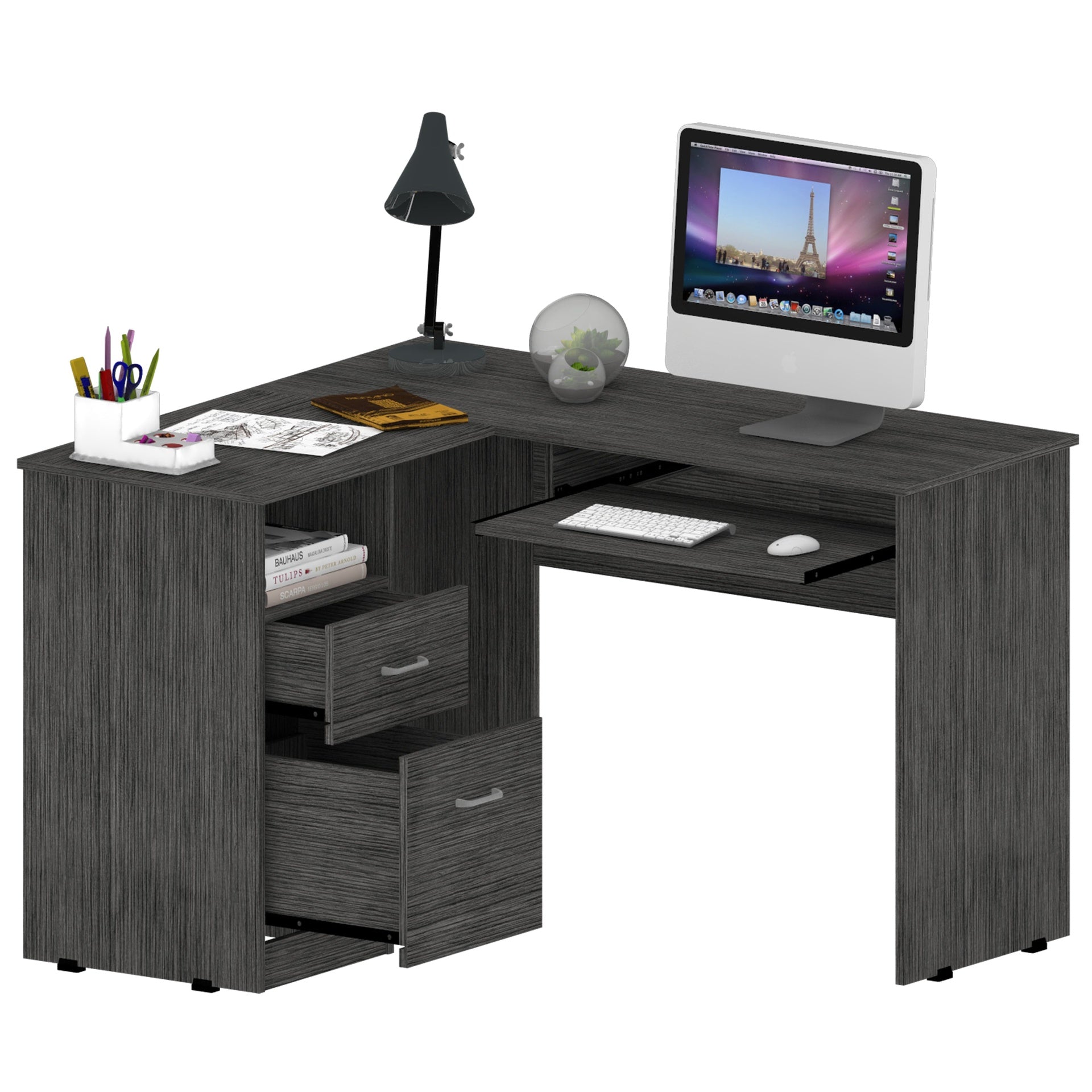 L-Shaped Desk, Keyboard Tray, Two Drawers, One Open Shelf, Smokey Oak