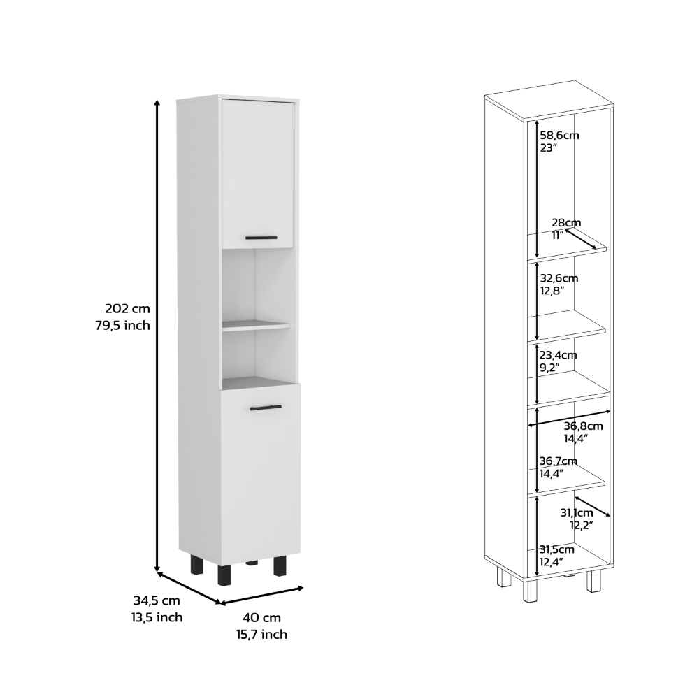 Kitchen Pantry 79" H, Two Open Storage Shelves, Three Internal Shelves, Two Doors, Four Legs, White