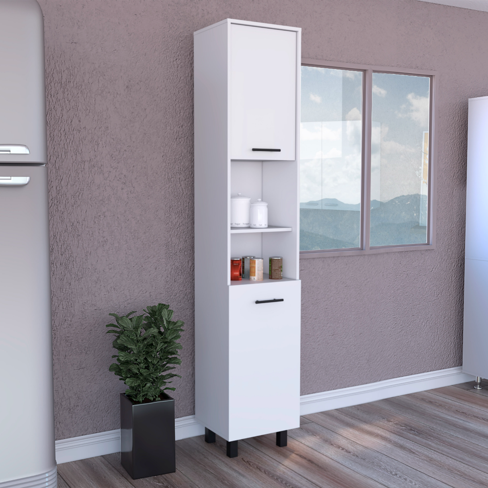 Kitchen Pantry 79" H, Two Open Storage Shelves, Three Internal Shelves, Two Doors, Four Legs, White