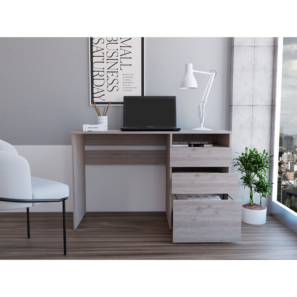 Computer Desk, 3 Drawers, One Shelf, Light Gray