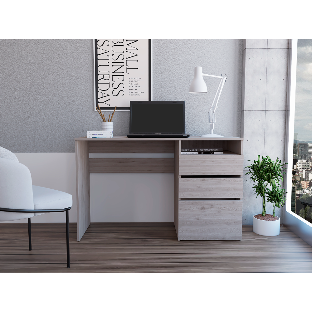 Computer Desk, 3 Drawers, One Shelf, Light Gray
