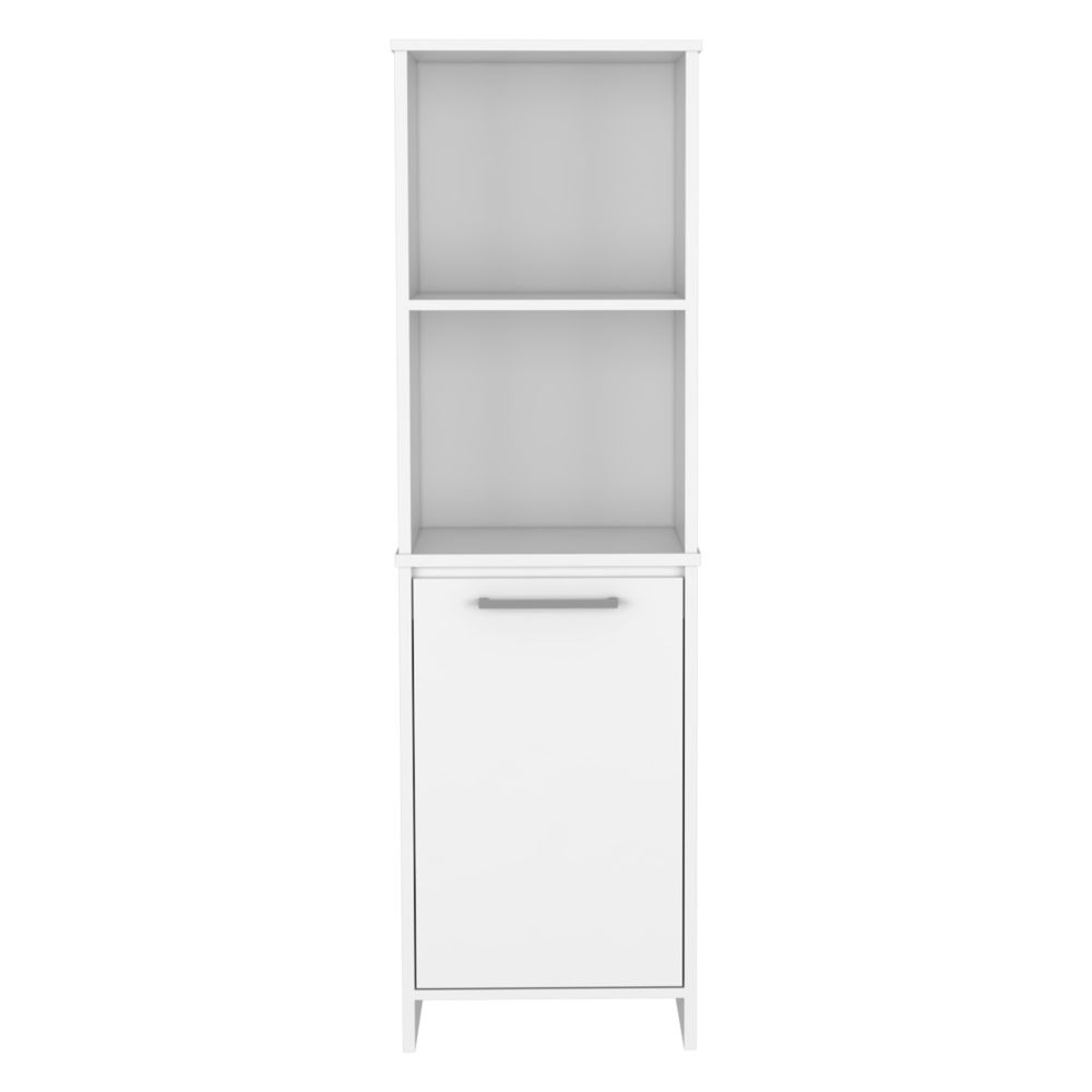 Kitchen Pantry 59" H, Two Open Storage Shelves, Single Door Cabinet, Two Interior Shelves, White