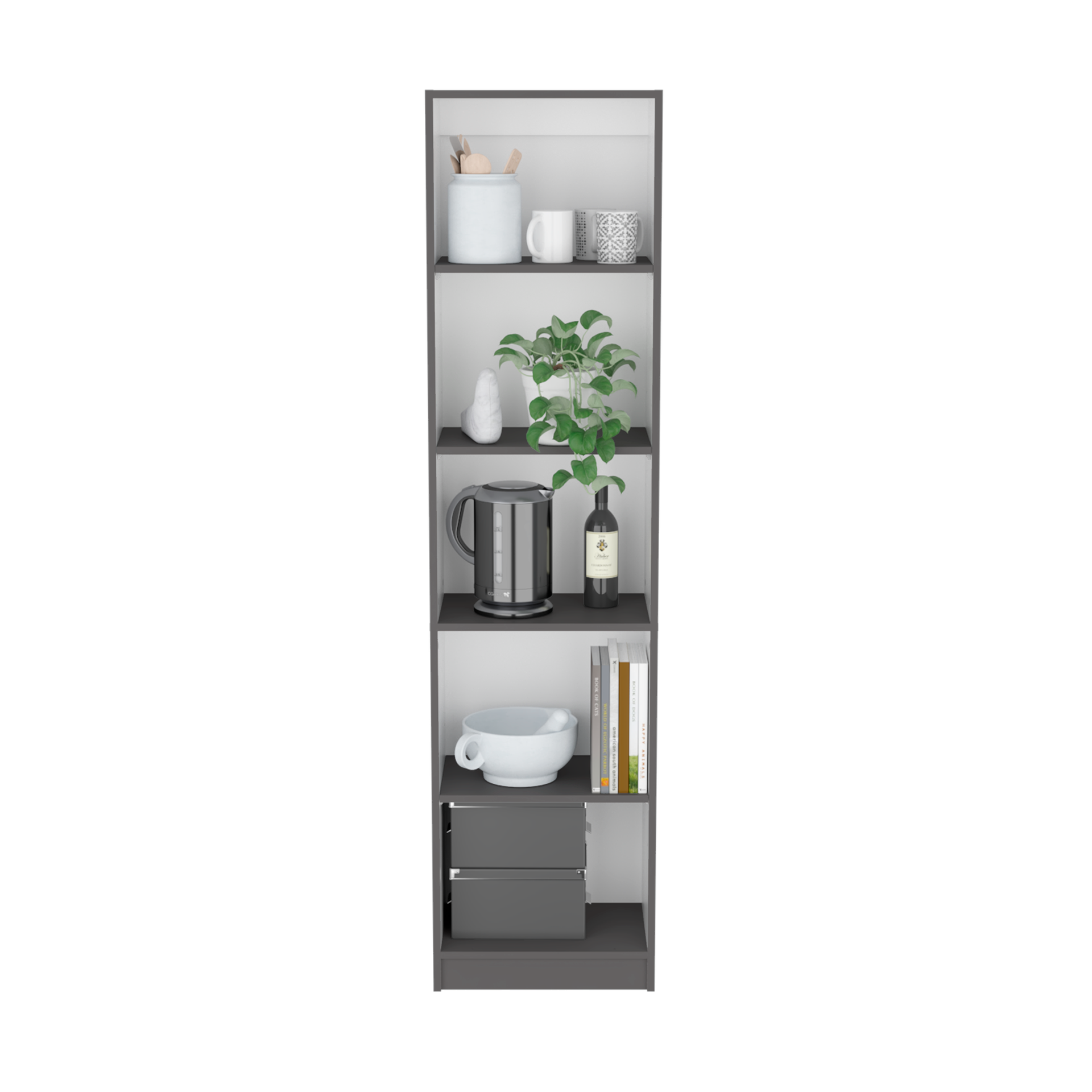 Vinton XS Bookcase Compact Bookshelf with Multiple Shelves, Matt Gray / White