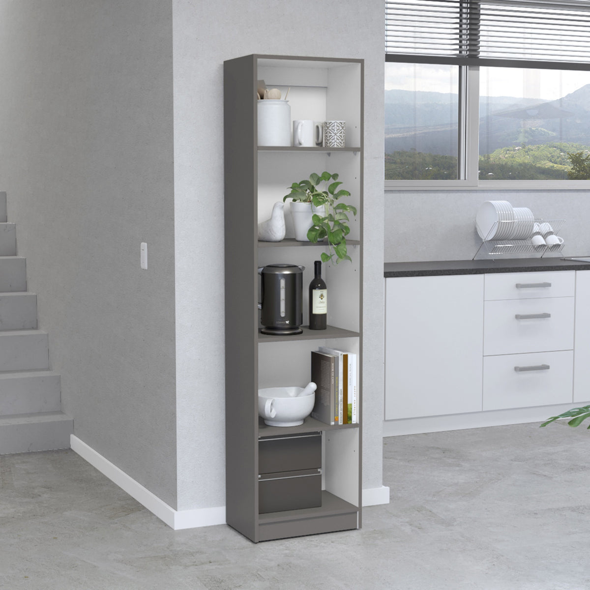 Vinton XS Bookcase Compact Bookshelf with Multiple Shelves, Matt Gray / White