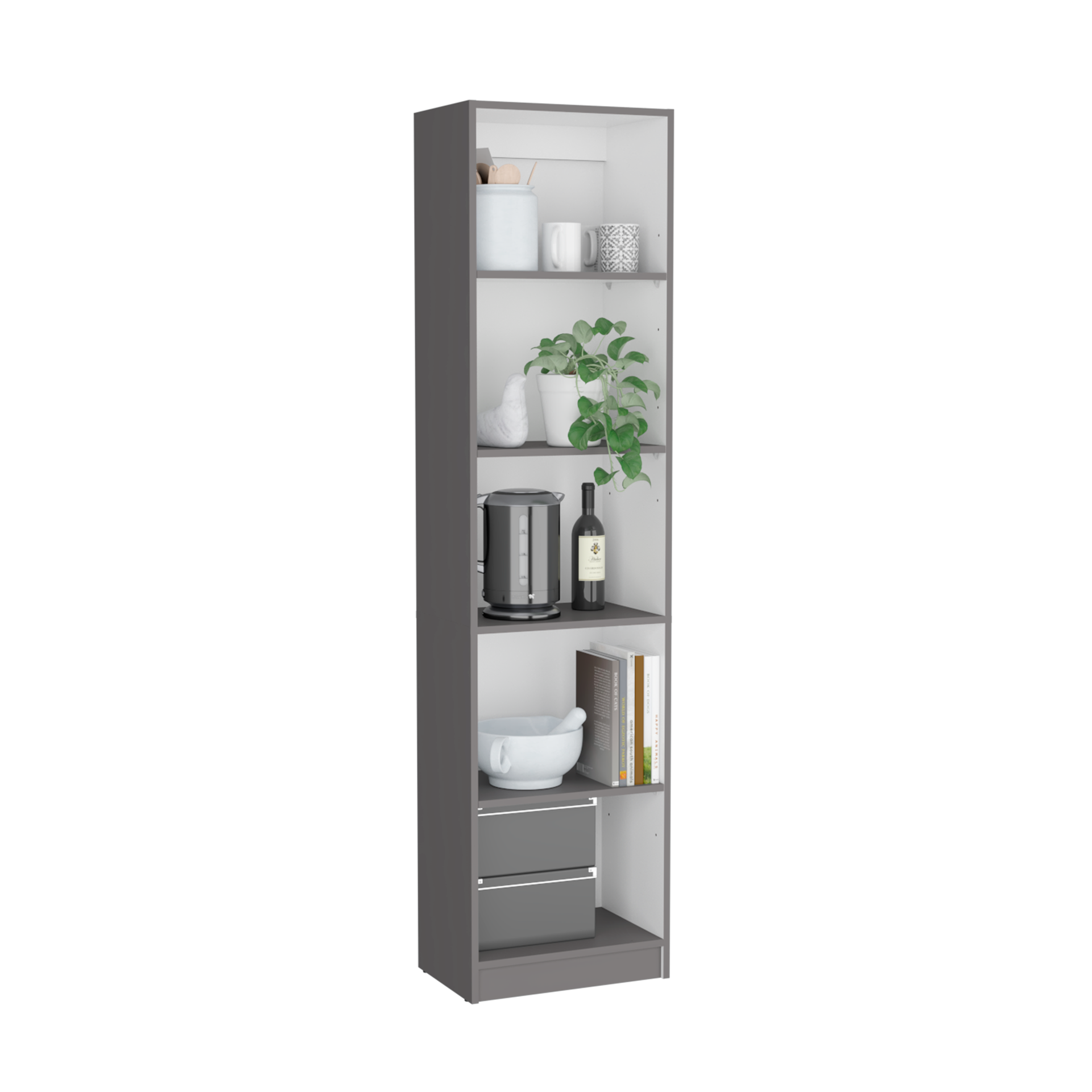 Vinton XS Bookcase Compact Bookshelf with Multiple Shelves, Matt Gray / White