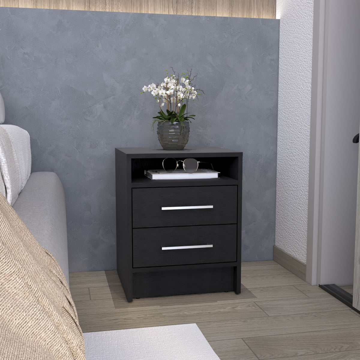 Nightstand 23.6" H, with 2 Drawers and 1 Shelf, Black