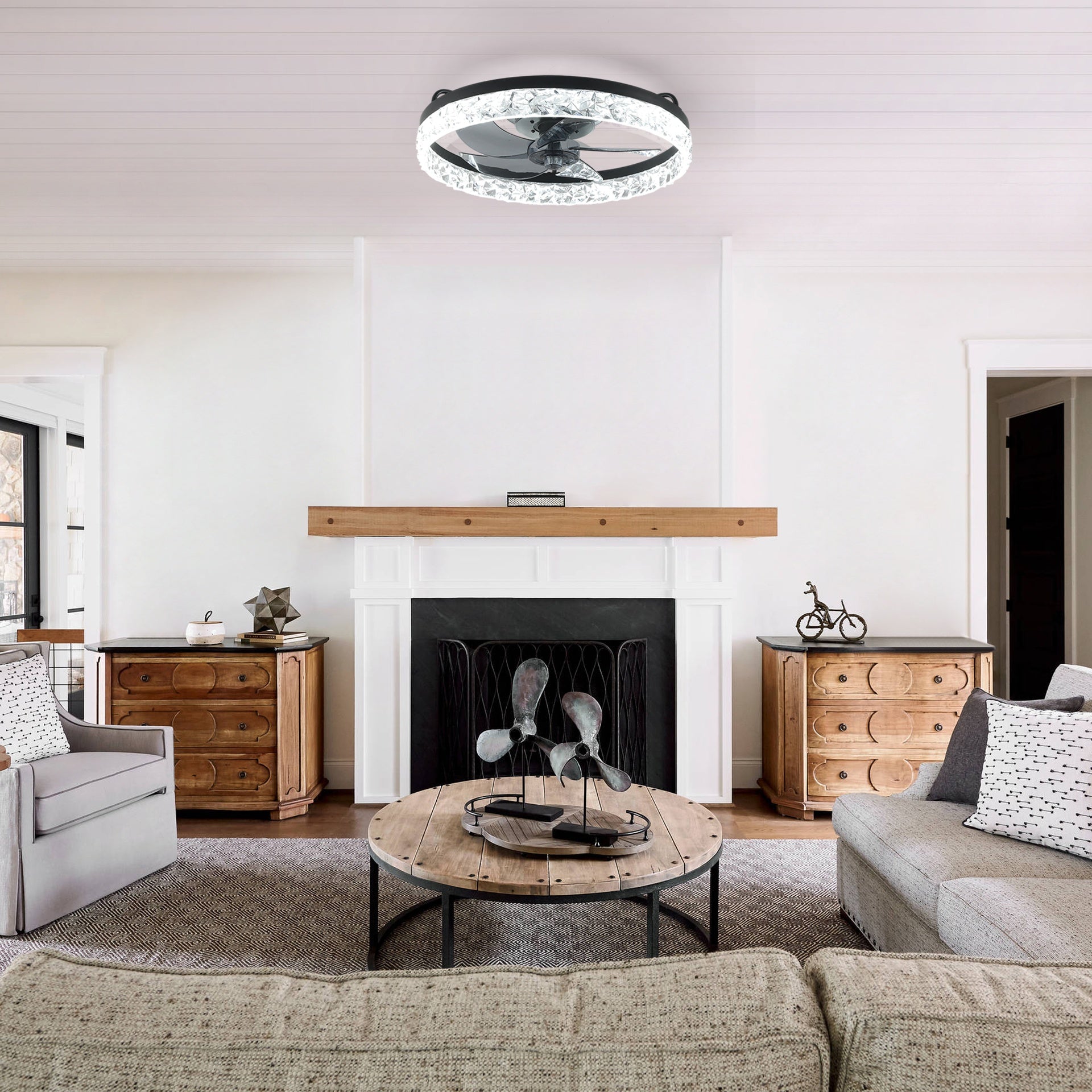 19" Black Frame Iceberg Bedroom Fan Light with Remote Control, Dimmable, 7 Blades, Reversible DC Motor, with LED Light