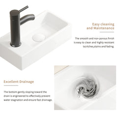 Wall Hung Basin Sink Small Cloakroom Basin Rectangle Ceramic Wash Basin Left Hand without Tap & Drain