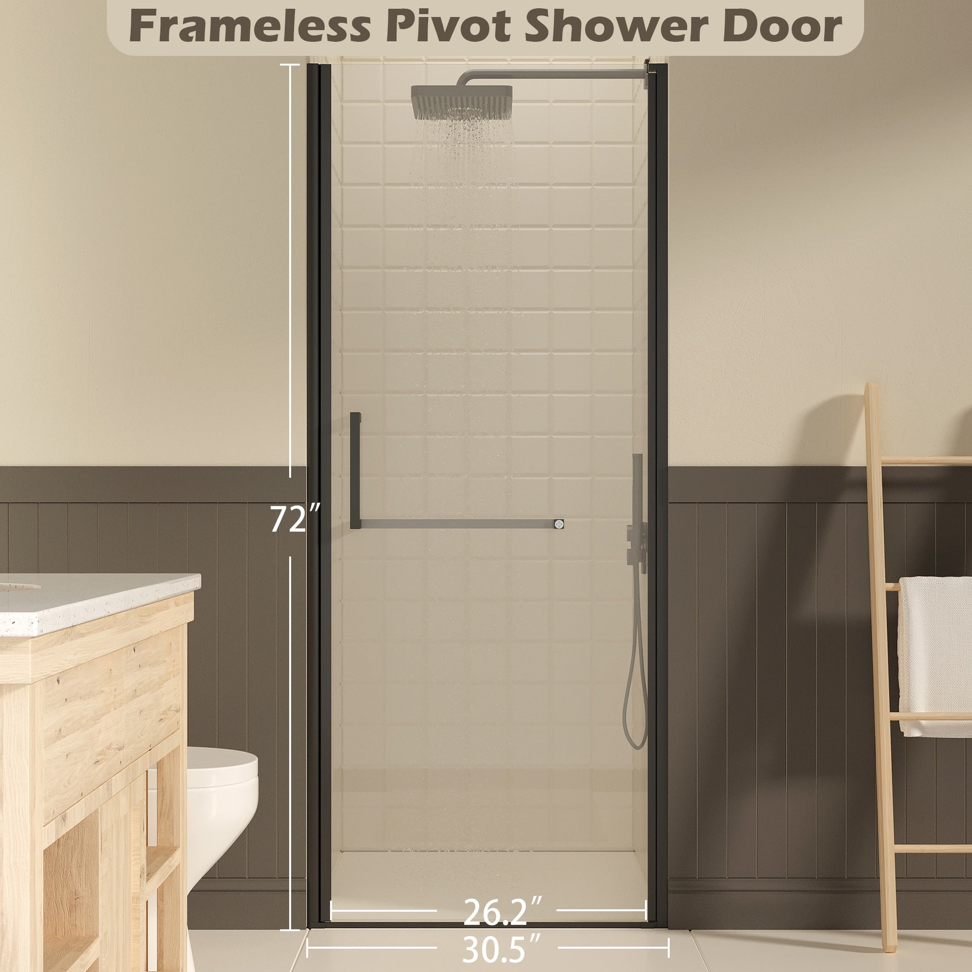 29-30" W ×72" H Frameless Pivot Shower Door, Pivot Swing Shower Glass Doors with 1/4"(6mm) SGCC Clear Tempered Glass,Explosion-Proof Film, Reversible Installation, Matte Black