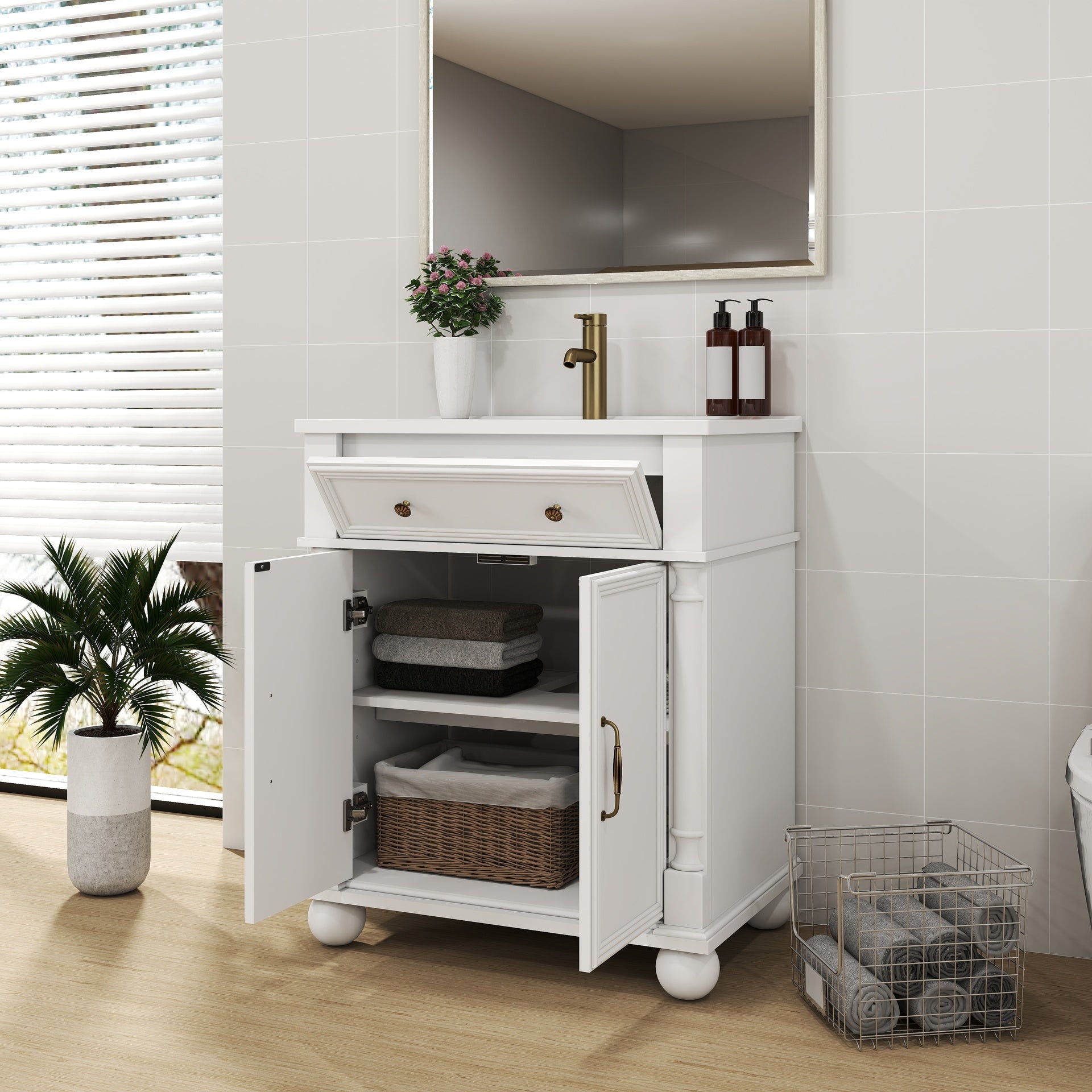 27.8" Mid-Century Bathroom Vanity Sink with Roman Column Base, Farmhouse Freestanding Bathroom Vanity Sink with Storage, High-end Restroom Vanity Cabinet with Metal Handles & Solid Wood Frame, White