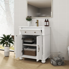 27.8" Mid-Century Bathroom Vanity Sink with Roman Column Base, Farmhouse Freestanding Bathroom Vanity Sink with Storage, High-end Restroom Vanity Cabinet with Metal Handles & Solid Wood Frame, White
