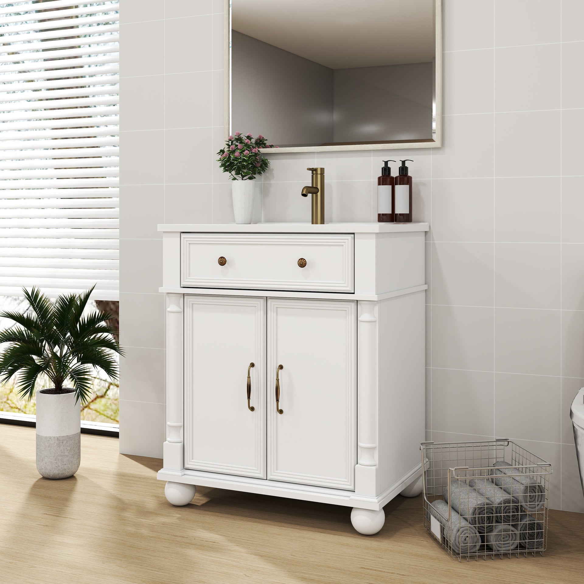 27.8" Mid-Century Bathroom Vanity Sink with Roman Column Base, Farmhouse Freestanding Bathroom Vanity Sink with Storage, High-end Restroom Vanity Cabinet with Metal Handles & Solid Wood Frame, White