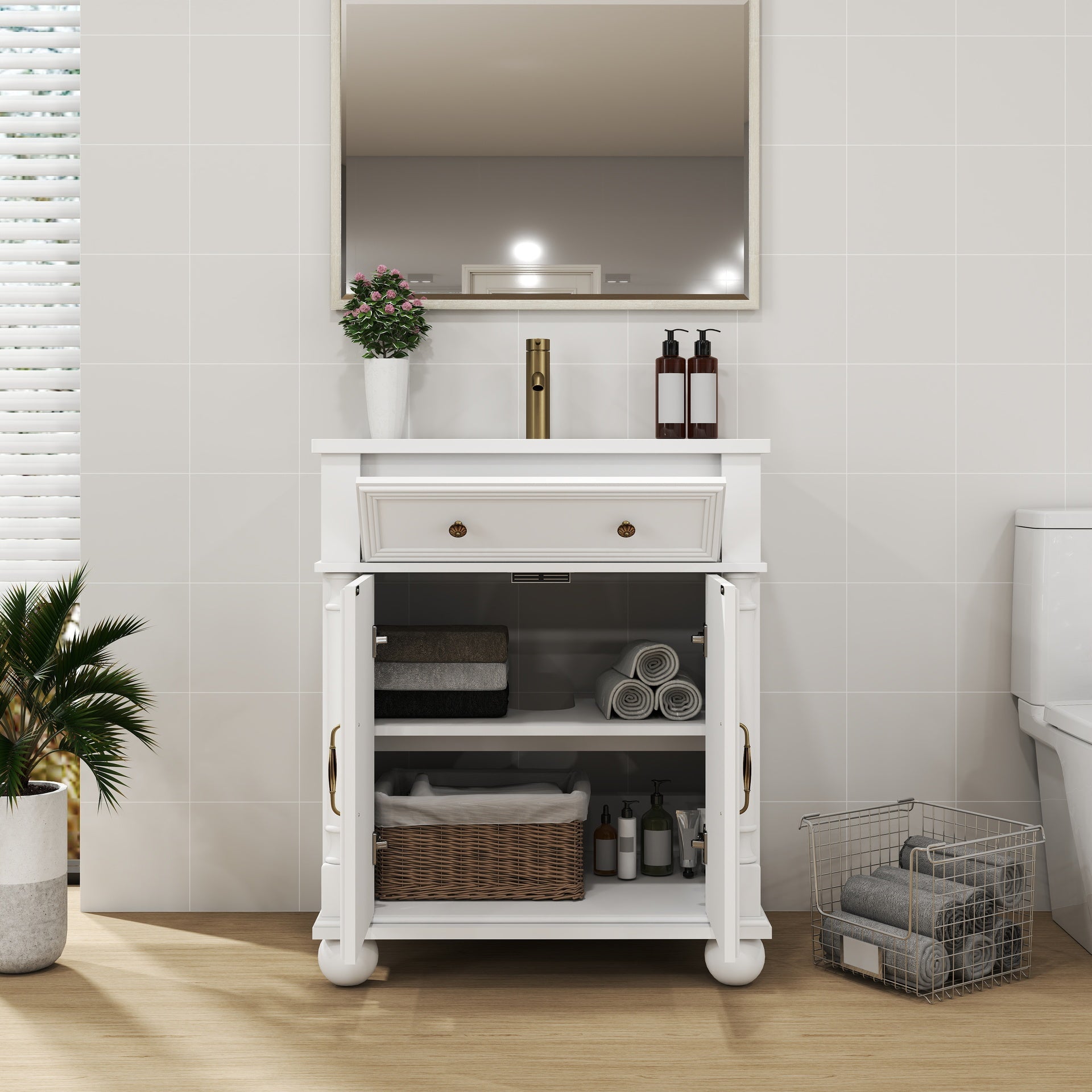 27.8" Mid-Century Bathroom Vanity Sink with Roman Column Base, Farmhouse Freestanding Bathroom Vanity Sink with Storage, High-end Restroom Vanity Cabinet with Metal Handles & Solid Wood Frame, White