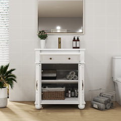27.8" Mid-Century Bathroom Vanity Sink with Roman Column Base, Farmhouse Freestanding Bathroom Vanity Sink with Storage, High-end Restroom Vanity Cabinet with Metal Handles & Solid Wood Frame, White