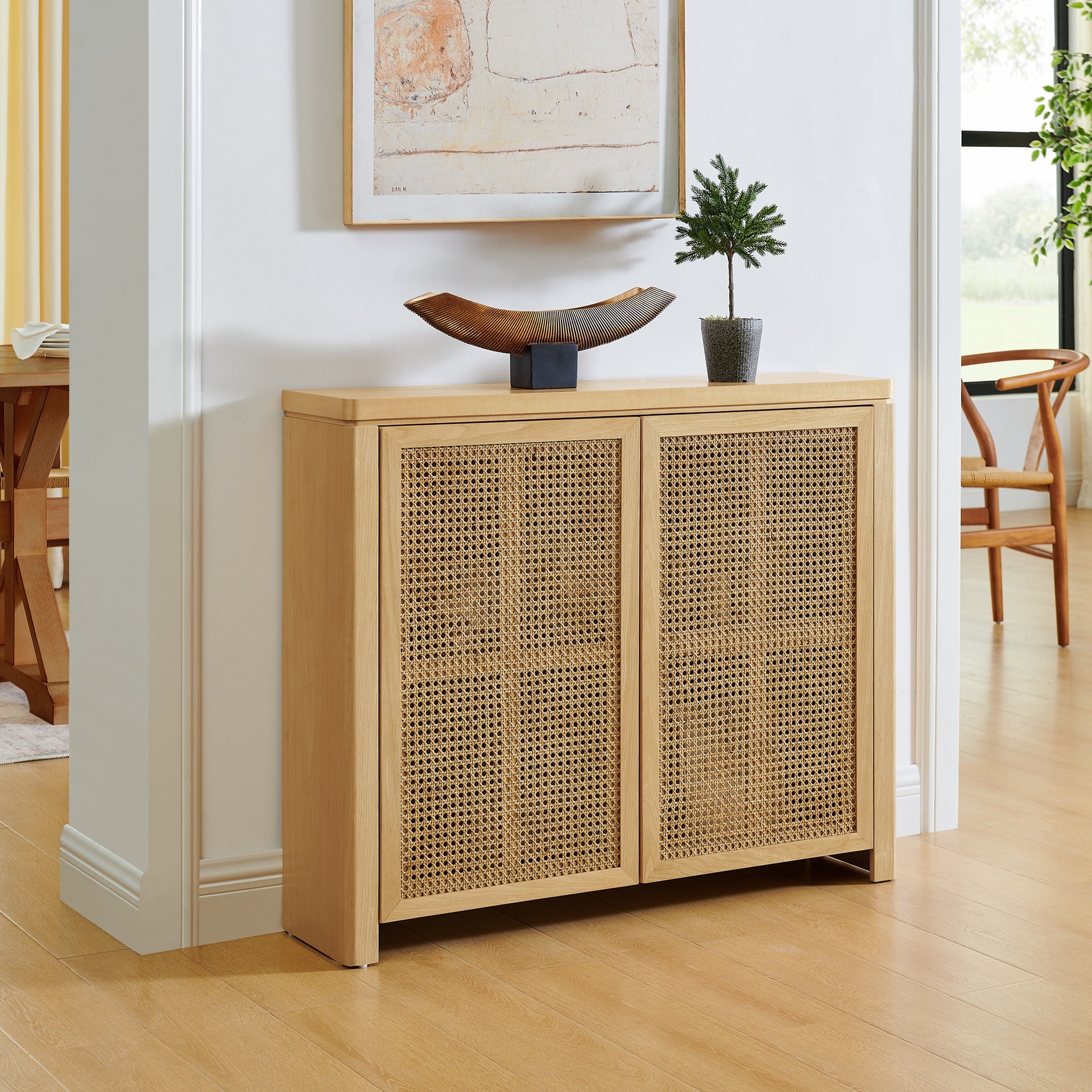 39.4" Mid Century Modern Rattan Sideboard Buffet Cabinet with 2 Outlet Holes, Coffee Bar Wine Bar Credenza, Retro Storage Cabinet for Entryway, Hallway, Living Room, Kitchen, Dining Room, Natural