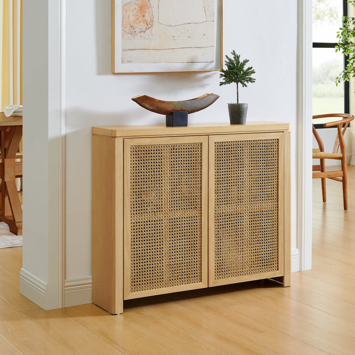 39.4" Mid Century Modern Rattan Sideboard Buffet Cabinet with 2 Outlet Holes, Coffee Bar Wine Bar Credenza, Retro Storage Cabinet for Entryway, Hallway, Living Room, Kitchen, Dining Room, Natural