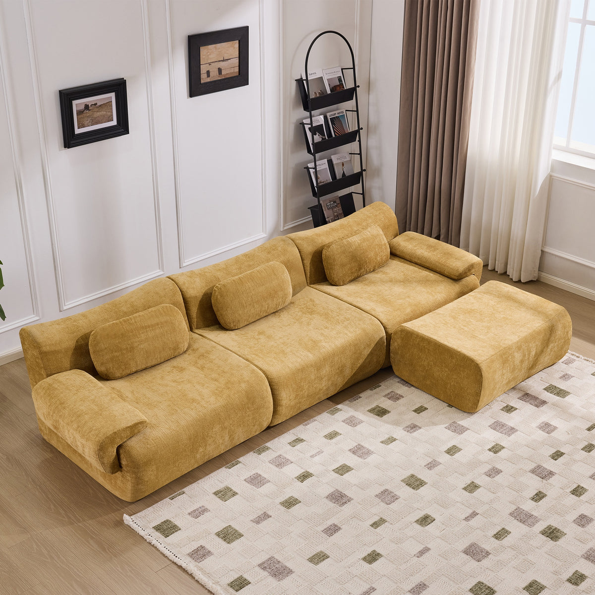 Modular Combination, Bamboo Joint Shape, Armchair, Extra-Large Compression & 3+1 Seater Chenille Deep-Seat (with 3 Pillows) All Fit Living Room/Bedroom