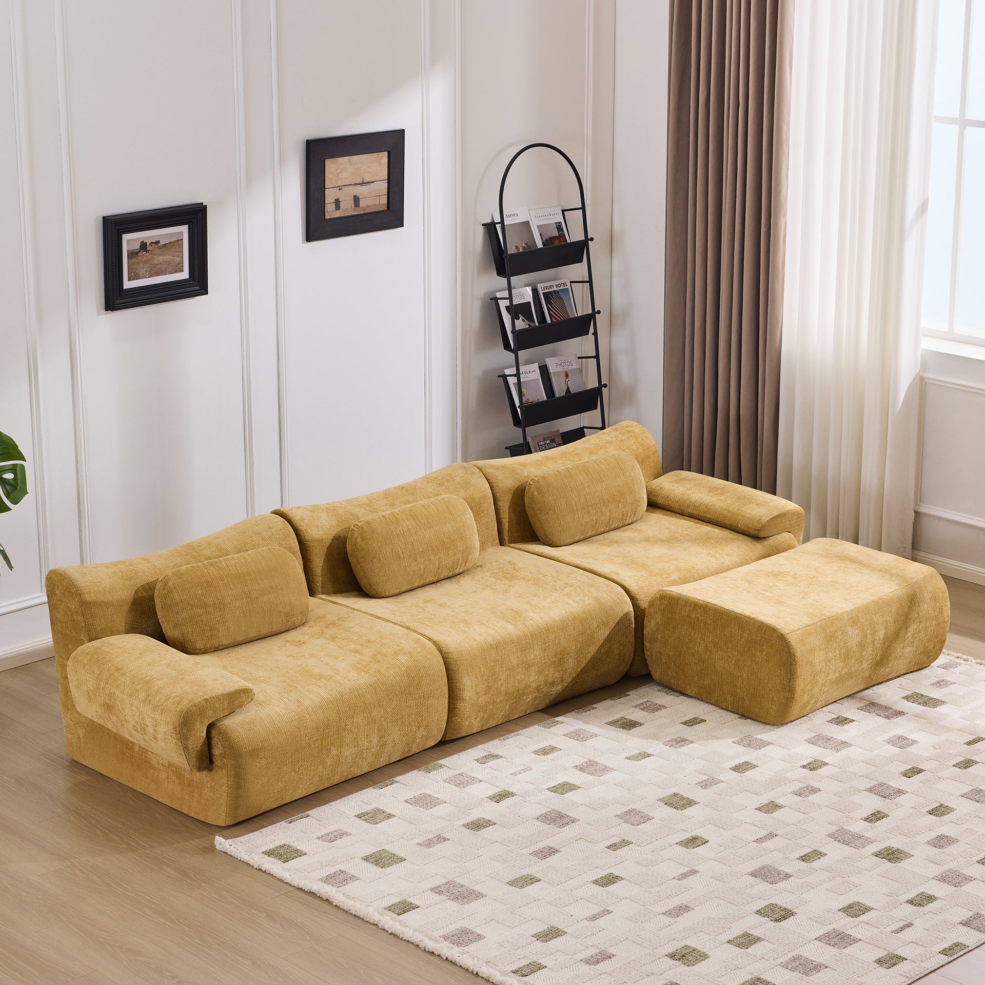 Modular Combination, Bamboo Joint Shape, Armchair, Extra-Large Compression & 3+1 Seater Chenille Deep-Seat (with 3 Pillows) All Fit Living Room/Bedroom