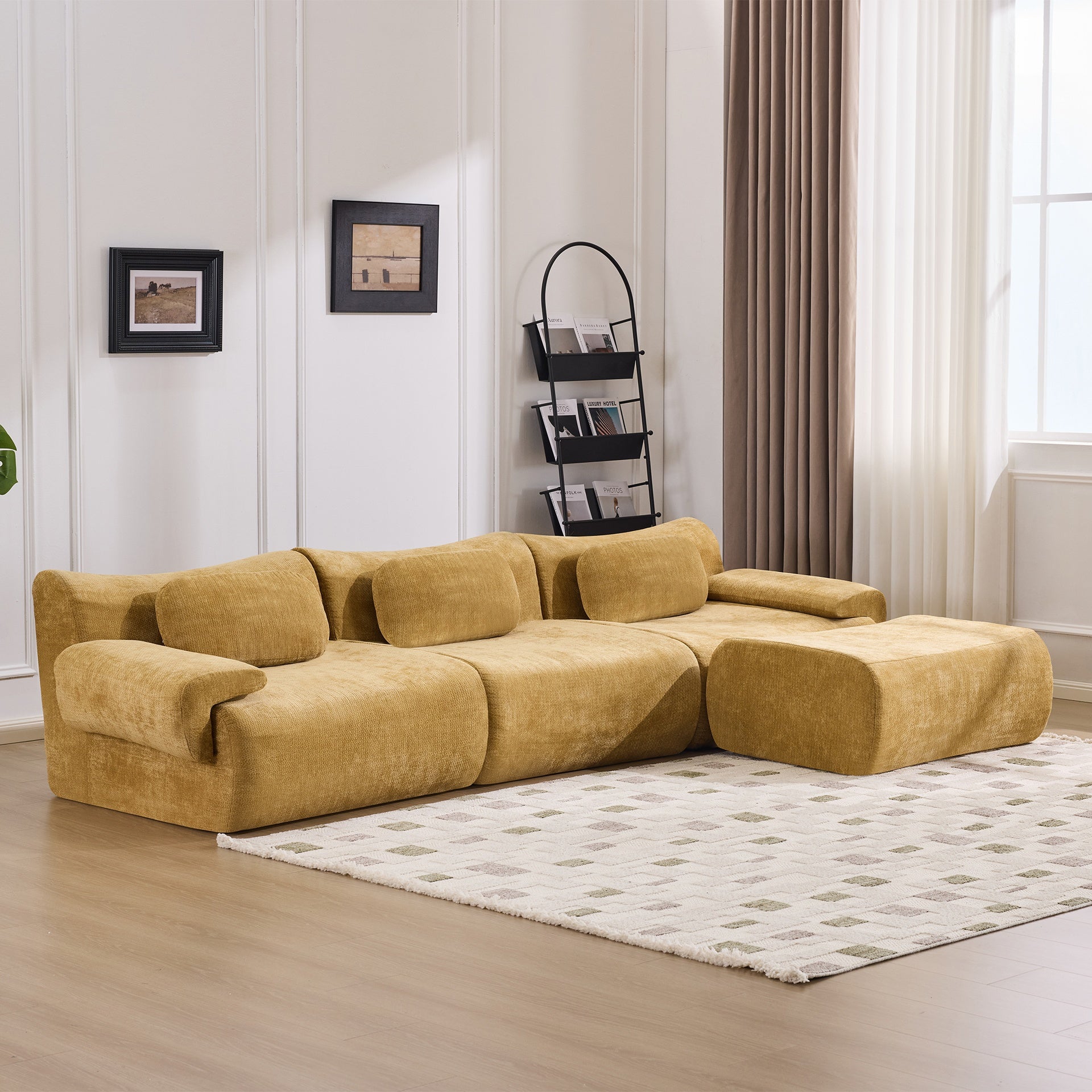 Modular Combination, Bamboo Joint Shape, Armchair, Extra-Large Compression & 3+1 Seater Chenille Deep-Seat (with 3 Pillows) All Fit Living Room/Bedroom