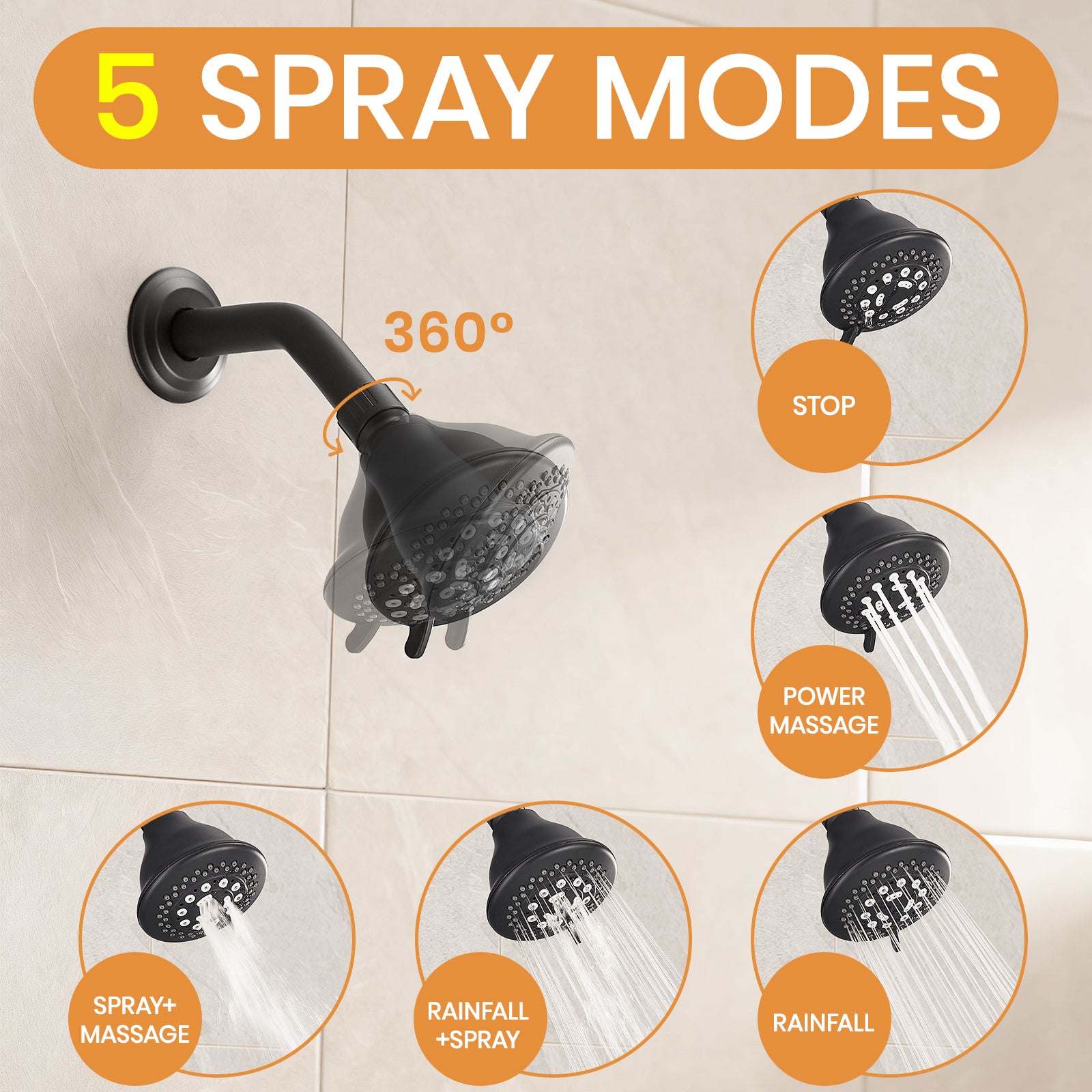 Matte Black Tub & Shower Faucet Combo with 5-Spray Rain Shower Head, Pressure Balance Valve & Diverter Spout