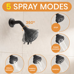 Matte Black Tub & Shower Faucet Combo with 5-Spray Rain Shower Head, Pressure Balance Valve & Diverter Spout